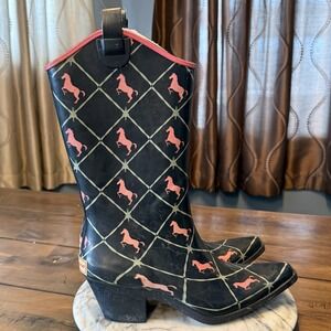 Bit & Bridle Black Pink Argyle Horses Rubber Cowboy Rain Boots Women Sz 9 EU 40